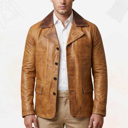 Vintage cowboy-inspired genuine leather blazer in earthy brown