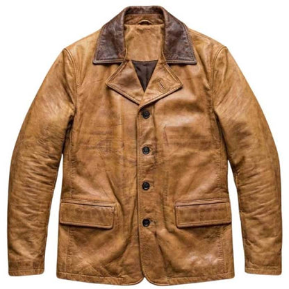 Brown leather frontier jacket with two waist flap pockets