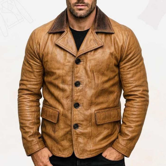 Handmade brown Western outlaw leather jacket with lapel collar - 3amoto shop