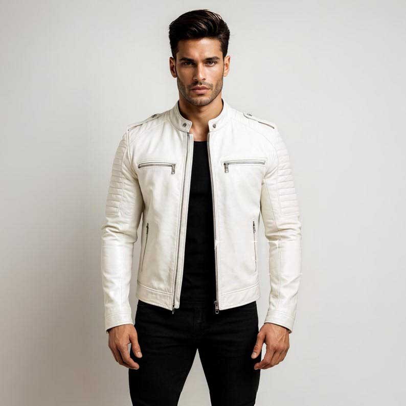 Men's white genuine lambskin moto racer leather jacket