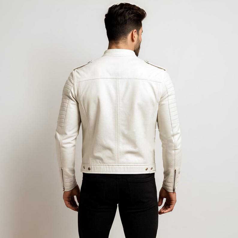 White slim fit leather biker jacket with zippered pockets
