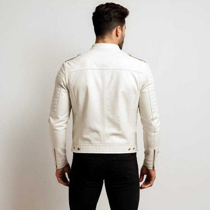 White slim fit leather biker jacket with zippered pockets