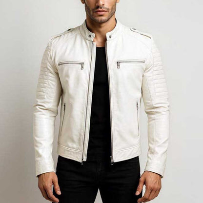 Handmade white lambskin leather biker jacket with quilted shoulders