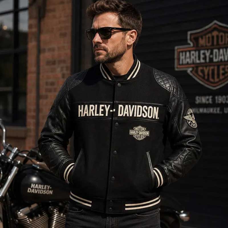 black men's varsity leather jacket with biker-inspired graphics.