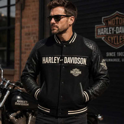 black men's varsity leather jacket with biker-inspired graphics.