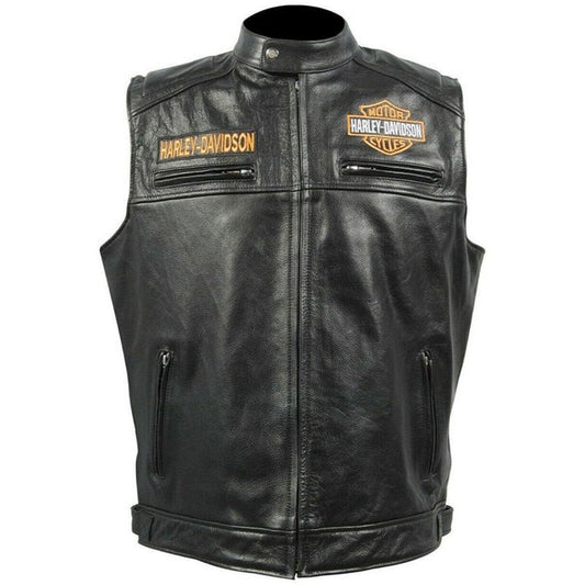 Harley Davidson Men's Black Biker Motorcycle Genuine Leather Vest - 3amoto shop