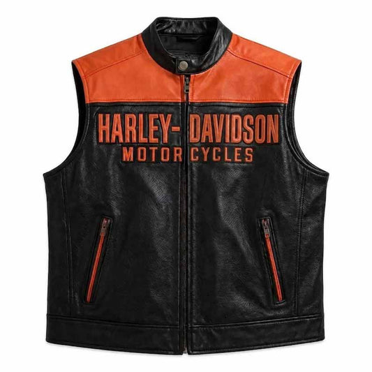 Men's Black and Orange Genuine Leather Harley Davidson Motorcycle Vest with Bar and Shield Logo - 3amoto shop