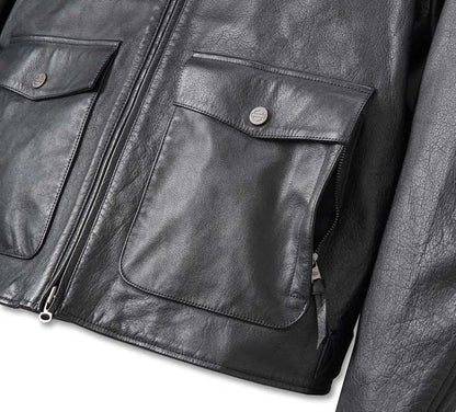 underarm eyelet ventilation on the buffalo leather jacket.