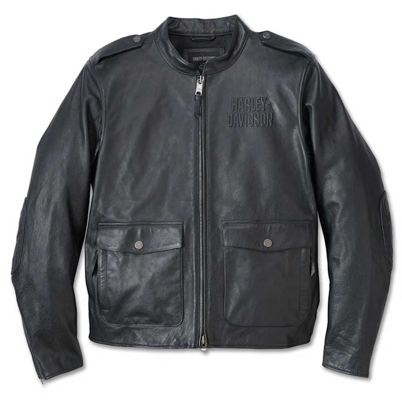 Men's Harley-Davidson Captain's buffalo leather motorcycle jacket in black.