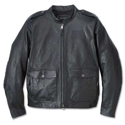 Men's Harley-Davidson Captain's buffalo leather motorcycle jacket in black.