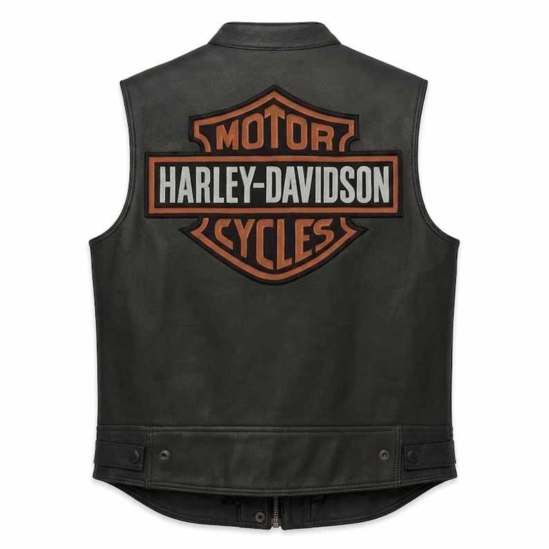 Men's Black Genuine Leather Harley Davidson Motorcycle Vest with Embroidered Logo