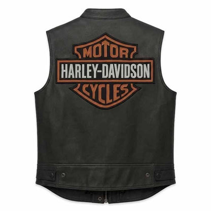 Men's Black Genuine Leather Harley Davidson Motorcycle Vest with Embroidered Logo
