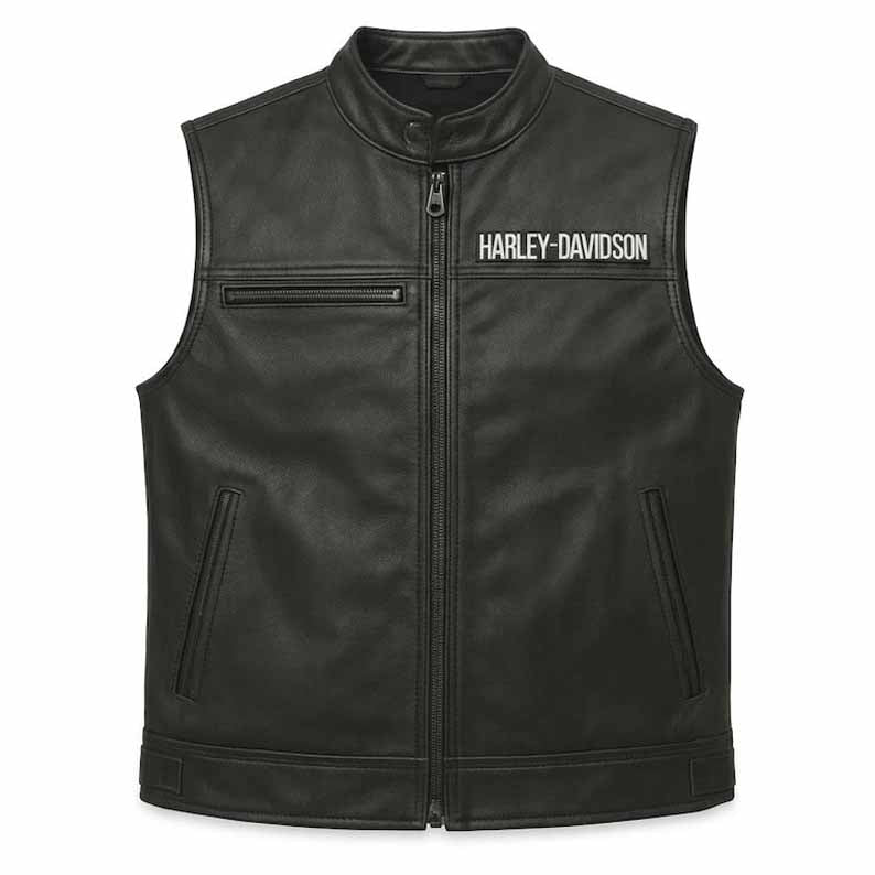Men's Black Genuine Leather Harley Davidson Motorcycle Vest with Embroidered Logo