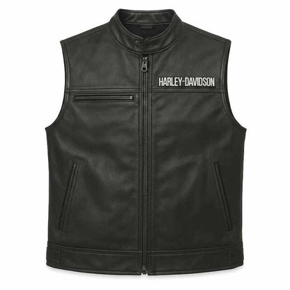 Men's Black Genuine Leather Harley Davidson Motorcycle Vest with Embroidered Logo