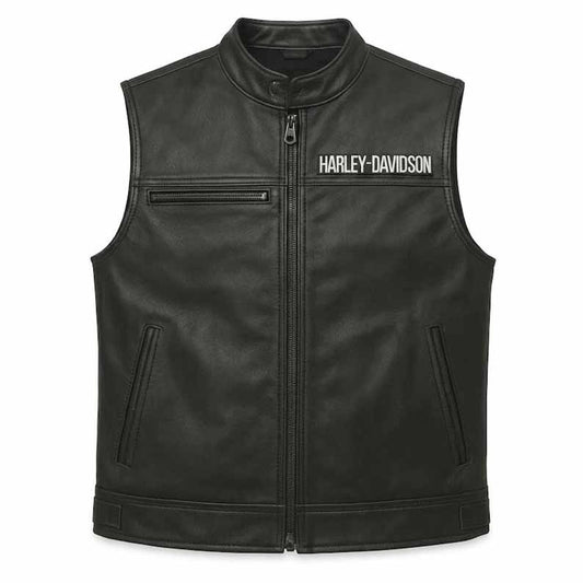 Men's Black Genuine Leather Harley Davidson Motorcycle Vest with Embroidered Logo - 3amoto shop