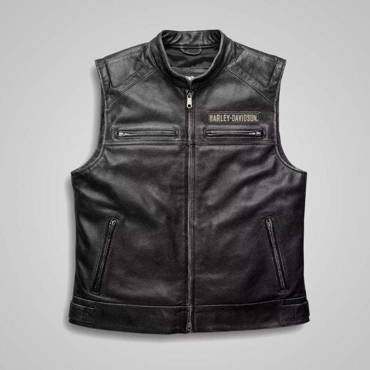 Harley Davidson Men's Motorcycle Black Leather Biker Vest - 3amoto shop