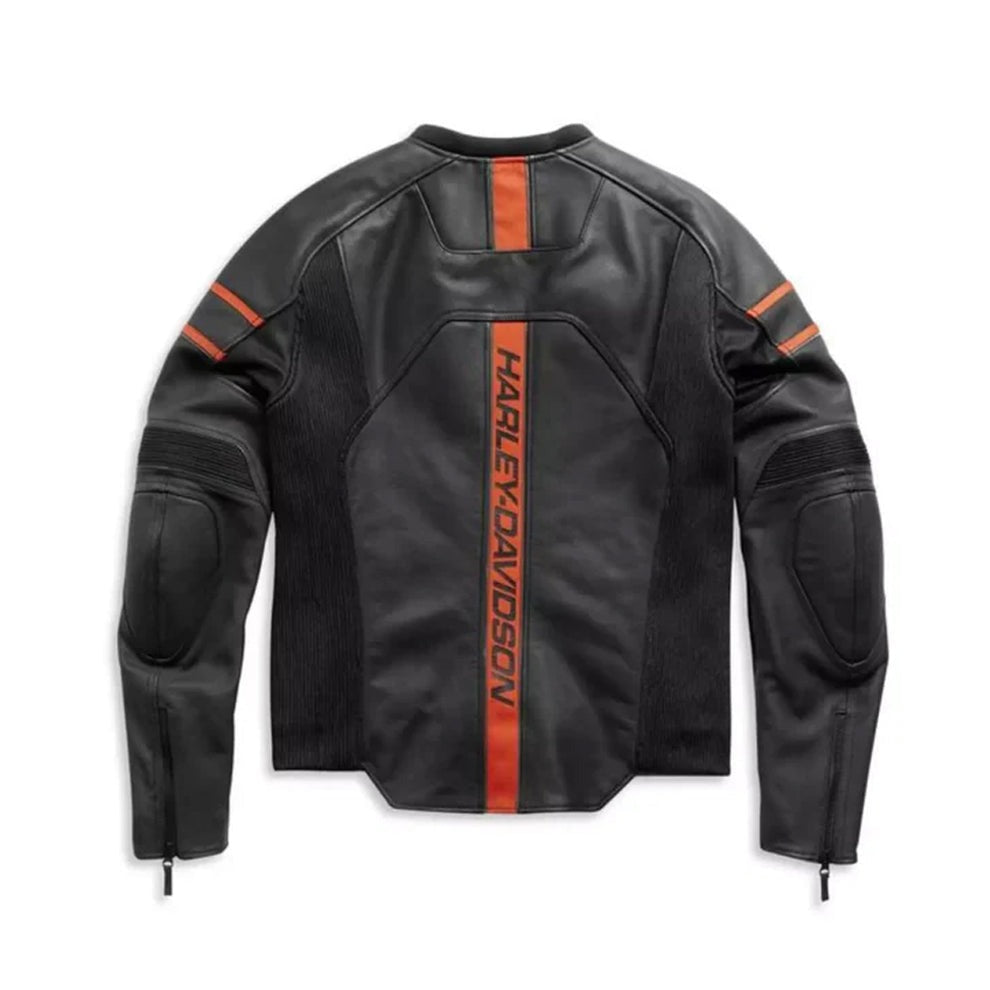 Harley-Davidson Rare Racing leather motorcycle jacket with orange sleeve stripes.