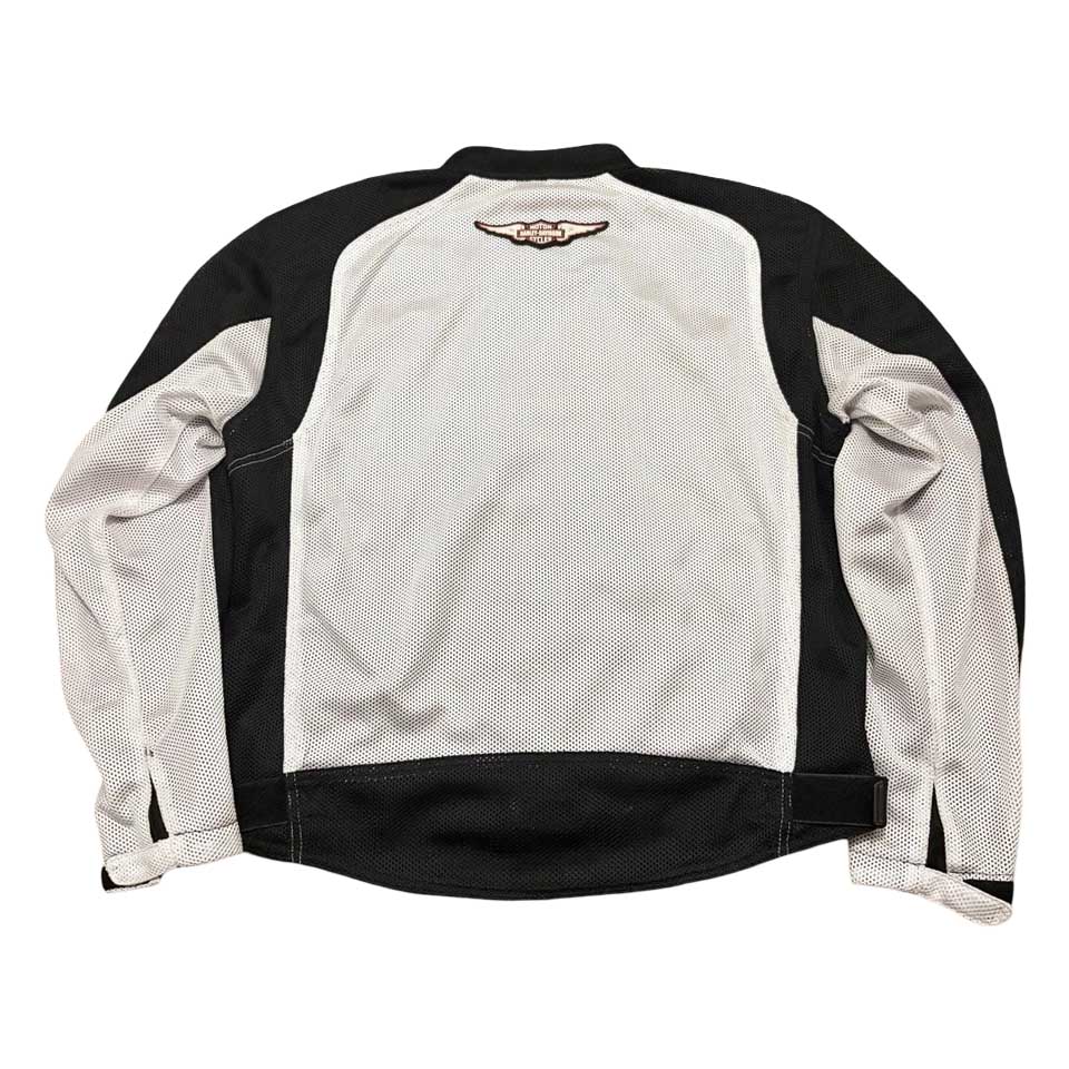 Back view of a Harley-Davidson white mesh jacket featuring the Bar & Shield graphic.