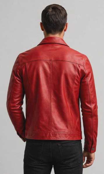 Men's full-grain distressed brown leather trucker jacket with vintage biker style