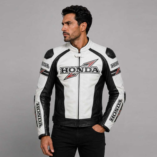 Honda Black White Racing Leather Jacket - 3amoto shop