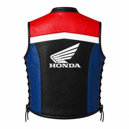 Men's Black Genuine Leather Honda Motorcycle Vest with Perforated Front Panel