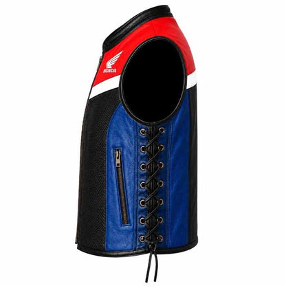 Men's Black Genuine Leather Honda Motorcycle Vest with Perforated Front Panel