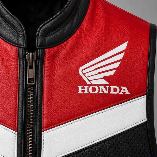 Men's Black Genuine Leather Honda Motorcycle Vest with Perforated Front Panel