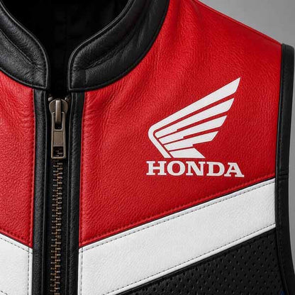 Men's Black Genuine Leather Honda Motorcycle Vest with Perforated Front Panel