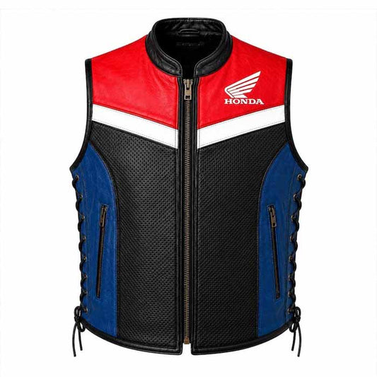 Men's Black Genuine Leather Honda Motorcycle Vest with Perforated Front Panel - 3amoto shop