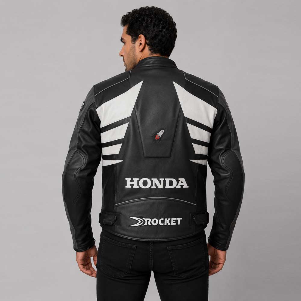 Honda Grey Black Cowhide Racing Leather Jacket| 3amoto