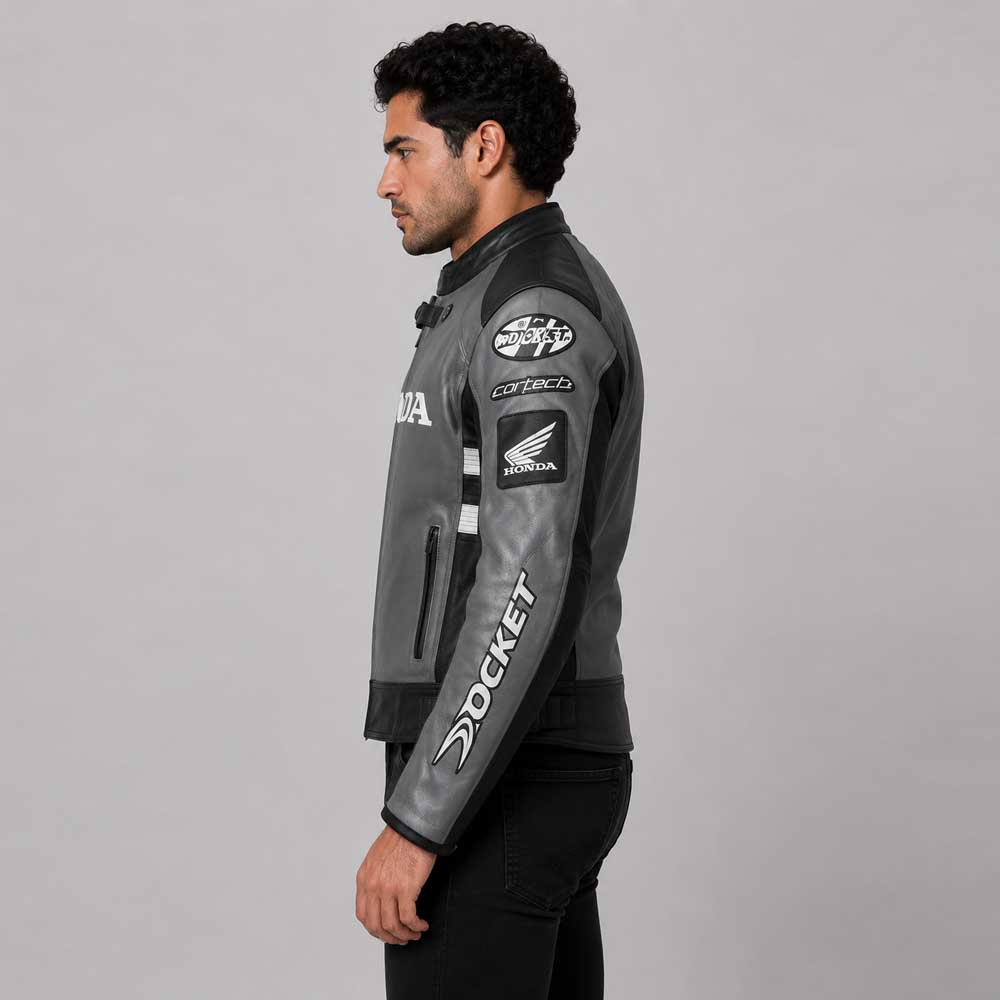 Honda Grey Black Cowhide Racing Leather Jacket