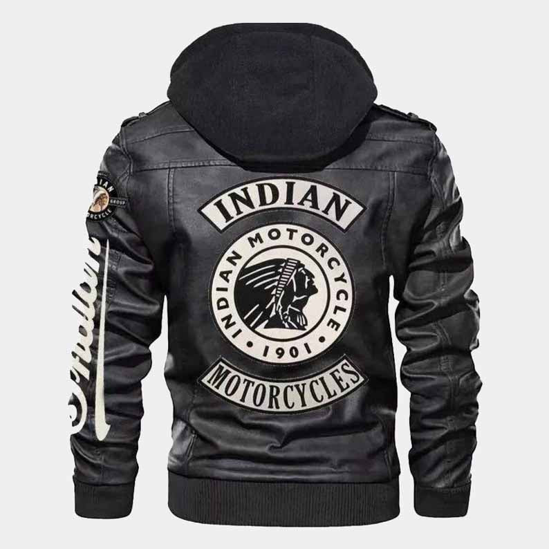 Indian men's black cowhide leather bomber motorcycle jacket with removable hood