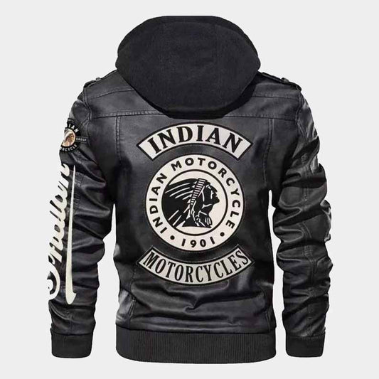 Indian men's black cowhide leather bomber motorcycle jacket with removable hood - 3amoto shop