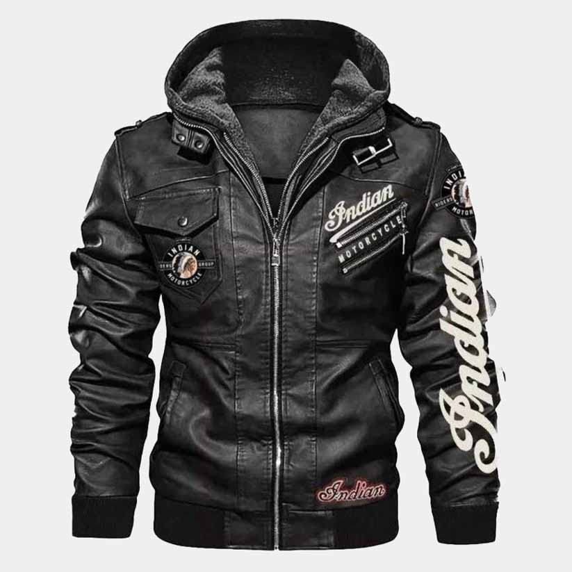 black leather bomber riding jacket with embroidered logos