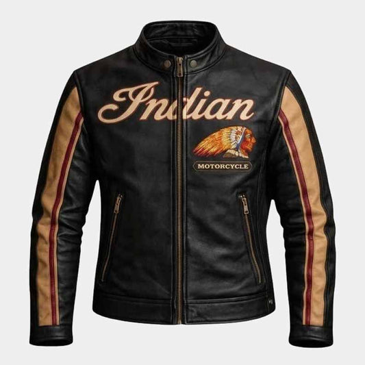 Indian men's black cowhide leather motorcycle jacket front view - 3amoto shop