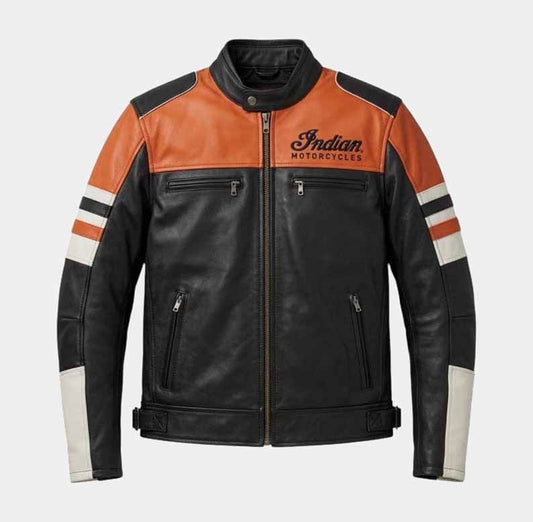 Indian unisex black cowhide leather motorcycle jacket with embroidered logos - 3amoto shop