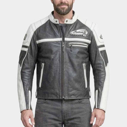 Indian men's black and white cowhide leather motorcycle jacket with embroidered logo