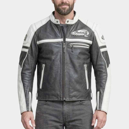 Indian men's black and white cowhide leather motorcycle jacket with embroidered logo - 3amoto shop