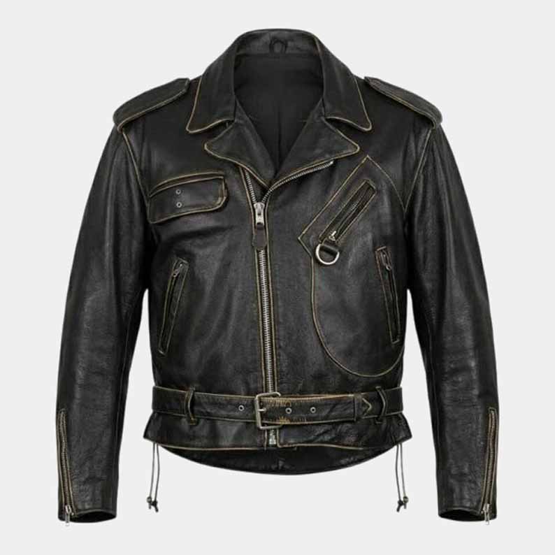 Vintage distressed brown leather riding jacket with YKK front zipper