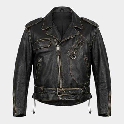 Vintage distressed brown leather riding jacket with YKK front zipper