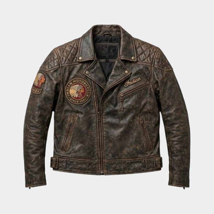 Indian men's distressed brown cowhide leather motorcycle jacket front view