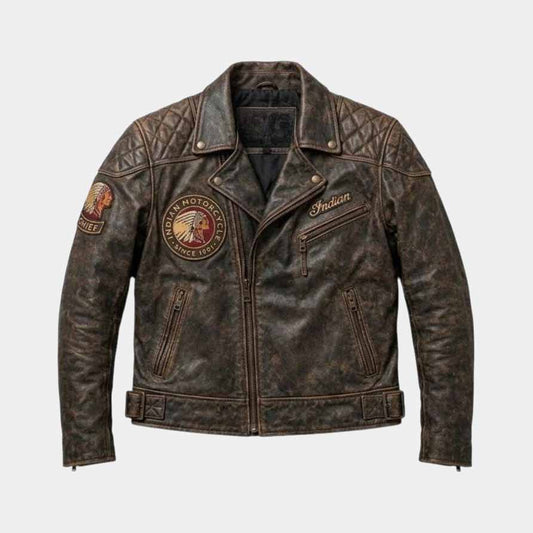 Indian men's distressed brown cowhide leather motorcycle jacket front view - 3amoto shop
