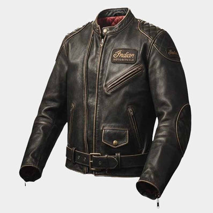 Indian men's distressed brown cowhide leather motorcycle jacket front view