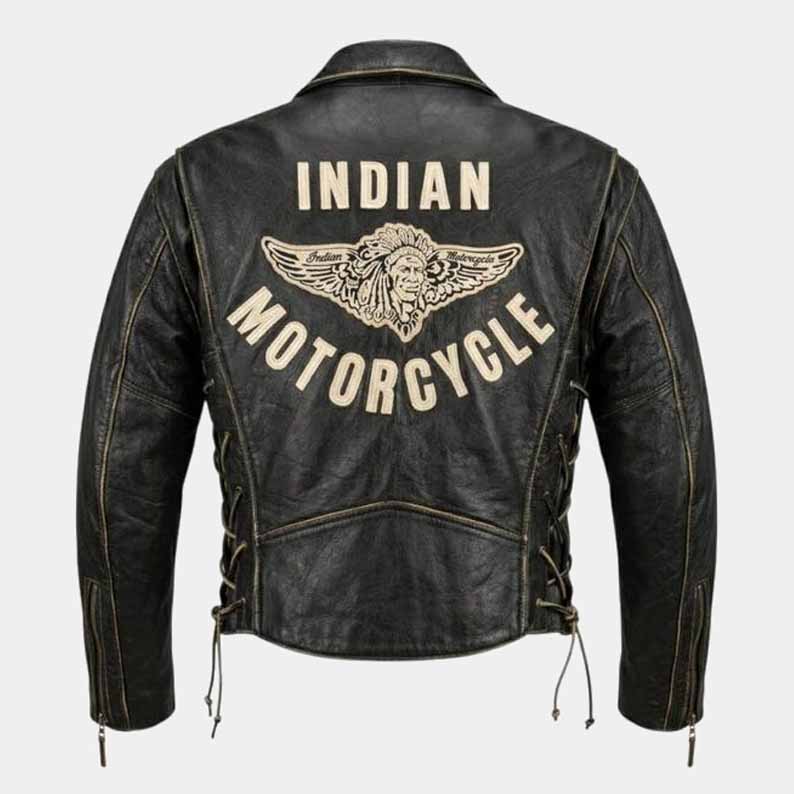 Indian unisex distressed brown leather motorcycle jacket with adjustable waist belt