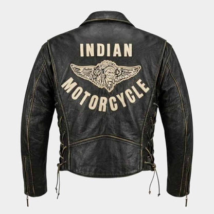 Indian unisex distressed brown leather motorcycle jacket with adjustable waist belt
