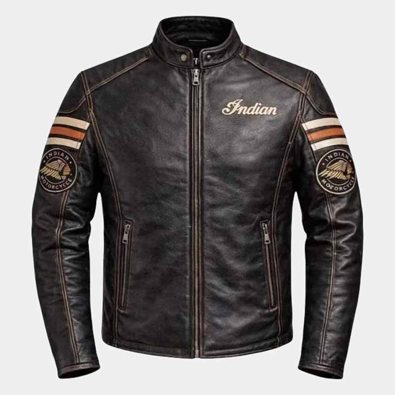 Indian men's distressed cowhide leather cafe racer jacket with embroidered logo