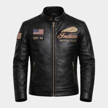 Indian leather motorcycle jacket with embroidered logo
