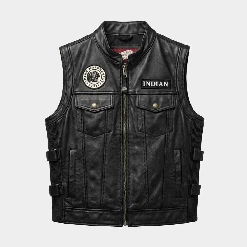 Men's motorcycle biker vest with adjustable waist straps and chest pockets
