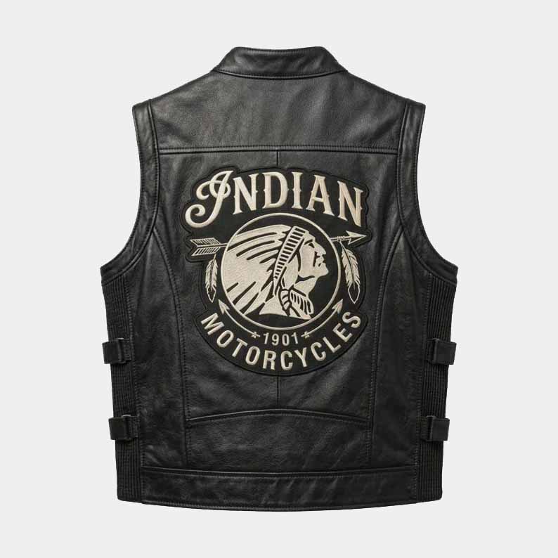 Men's black Indian Motorcycles biker vest made from genuine cowhide leather