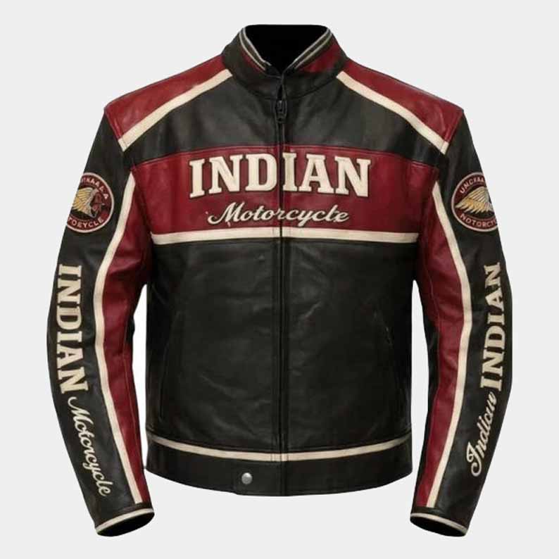Indian men's red and black cowhide leather motorcycle jacket front view
